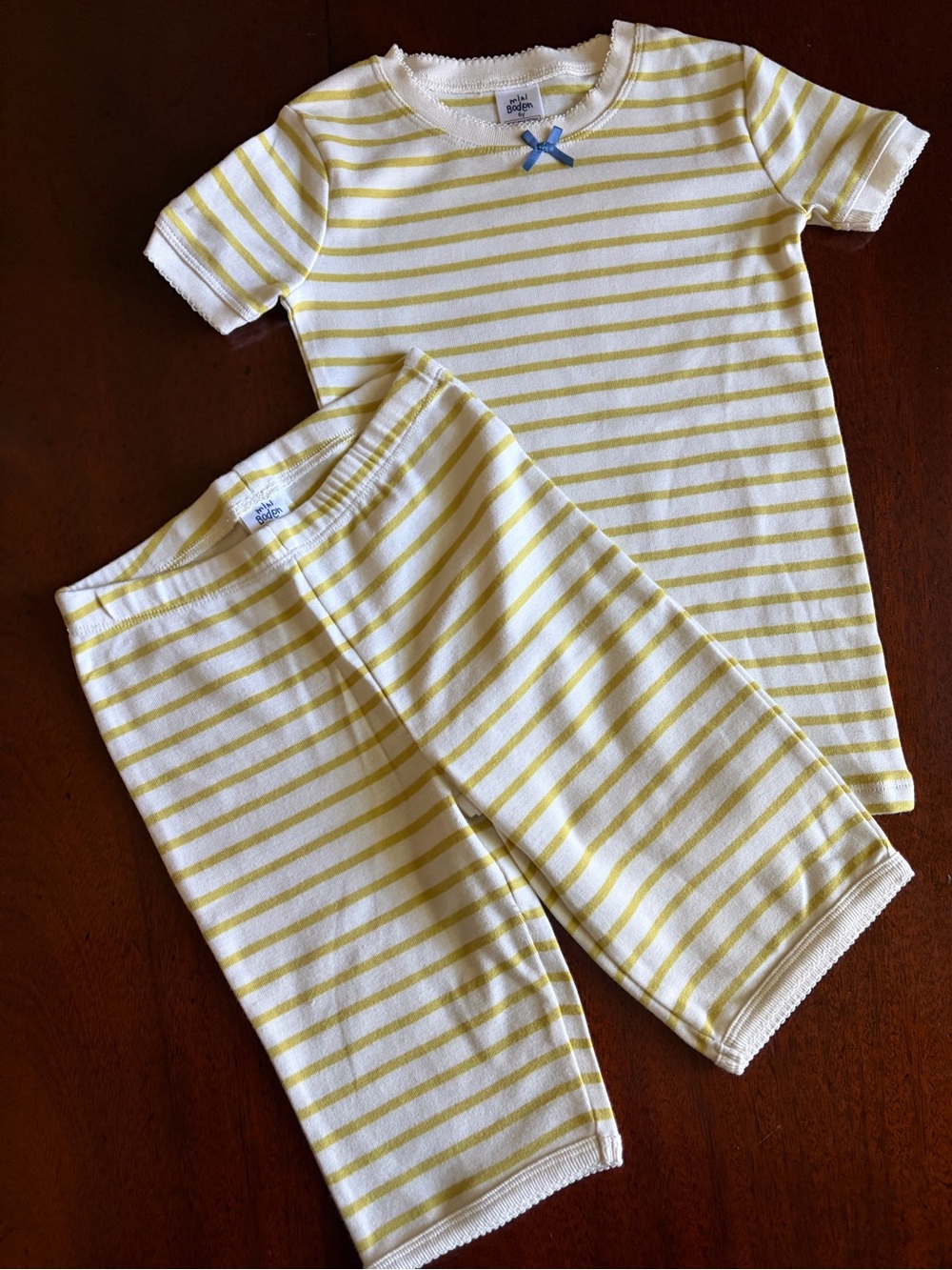 Mini Boden White and Yellow Striped Short Sleeve Pajama Set with Blue Bow